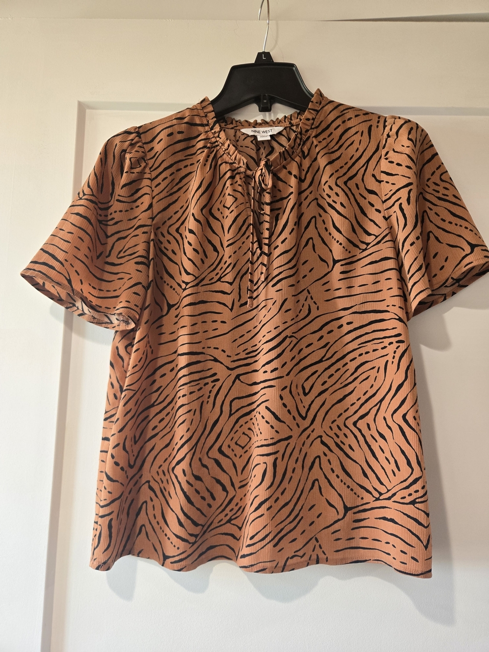 Nine West Rust Orange & Black Animal-Print Short Sleeve Blouse